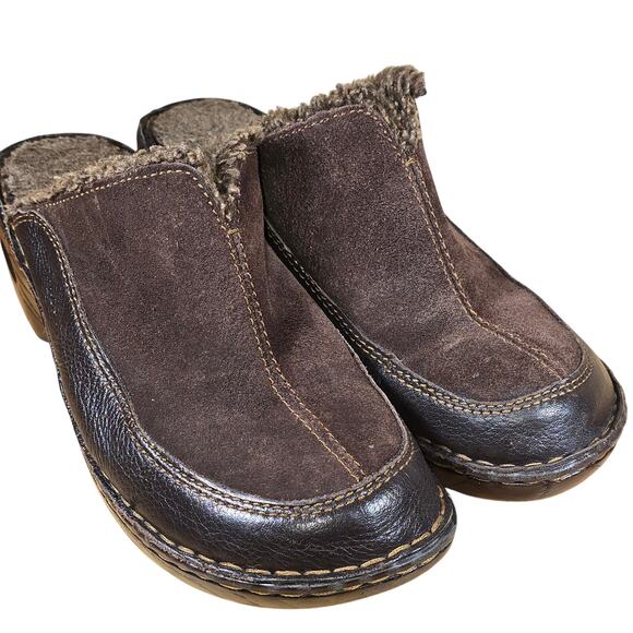 Born BOC Sz 7 Brown Suede  and Leather Faux Fur Slip on Clog Comfort Mule - Picture 4 of 7